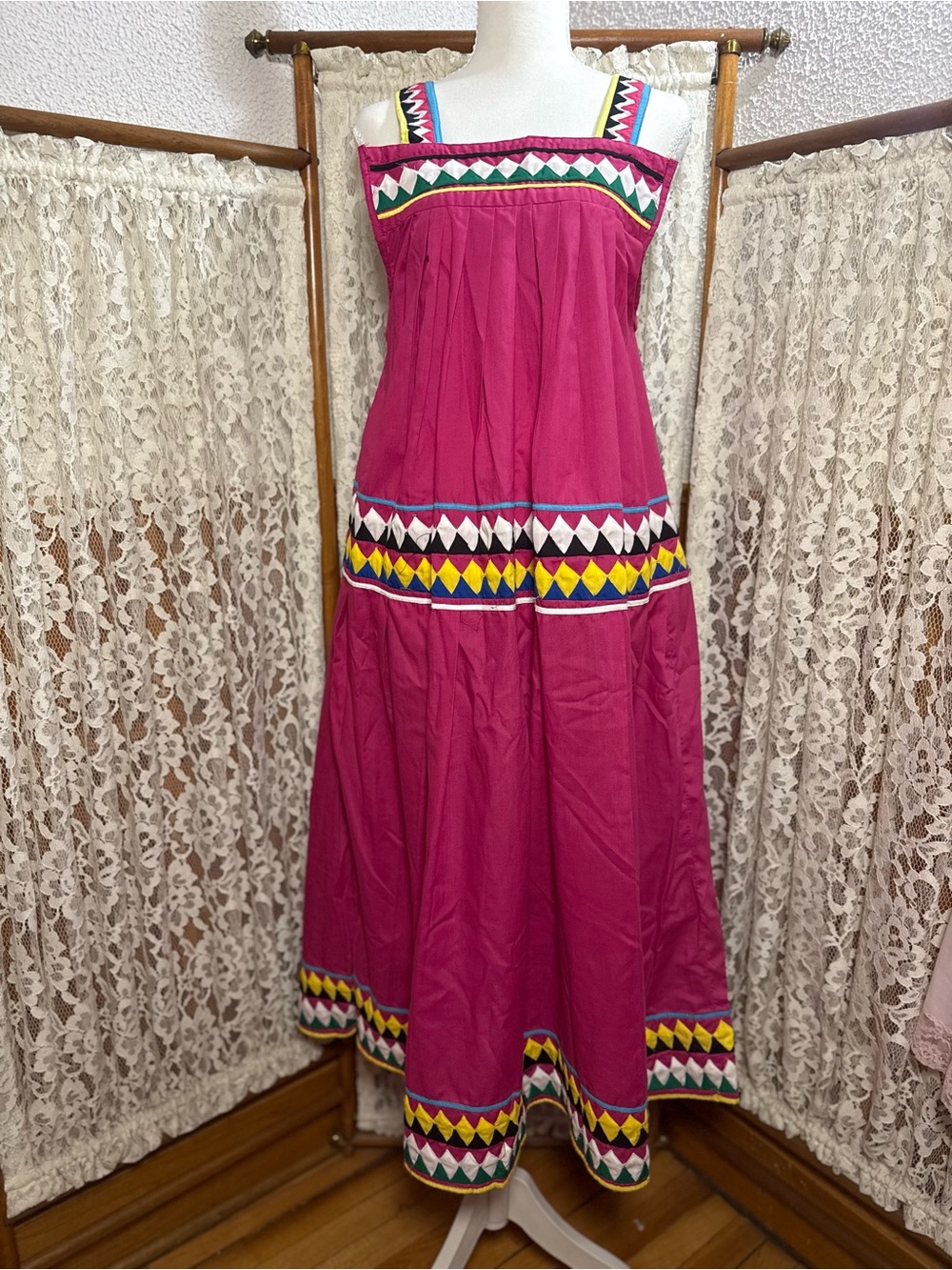 Vintage 1970s Handmade Fuchsia Folk Maxi Dress